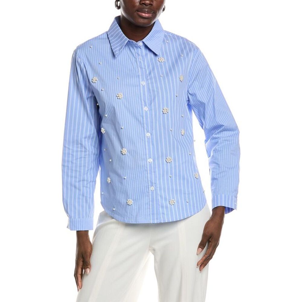 Gracia Womens  Bead Embellishments Pinstripe Shirt, Blue